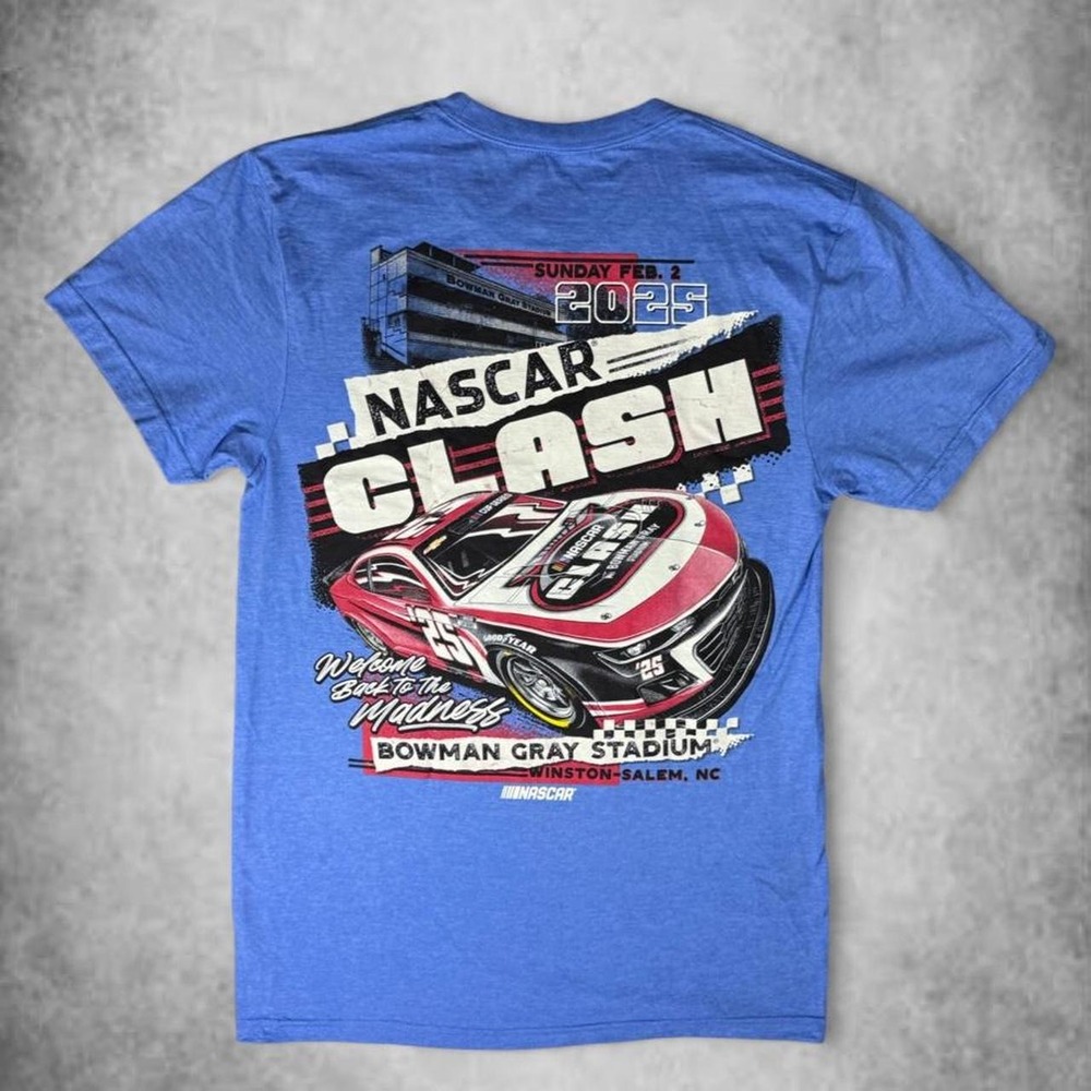 NASCAR Clash 2025 Bowman Gray Stadium Graphic T-Shirt Mens Small Blue NWT